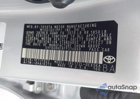 2015 Toyota Corolla S/S Plus/S Premium z USA, uszkodzony, nr VIN 5YFBURHE6FP314669